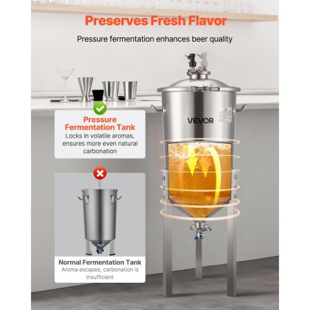 Κωνικός ζυμωτής VEVOR από ανοξείδωτο χάλυβα, 8 Gal/30L Home Brewing Fermenation Tank, Brew Bucket Fermentor with Conical bottom, 3 ρυθμιζόμενα πόδια, καπάκι, λαβή & θερμόμετρο, για ζύμωση κρασιού, μπύρας