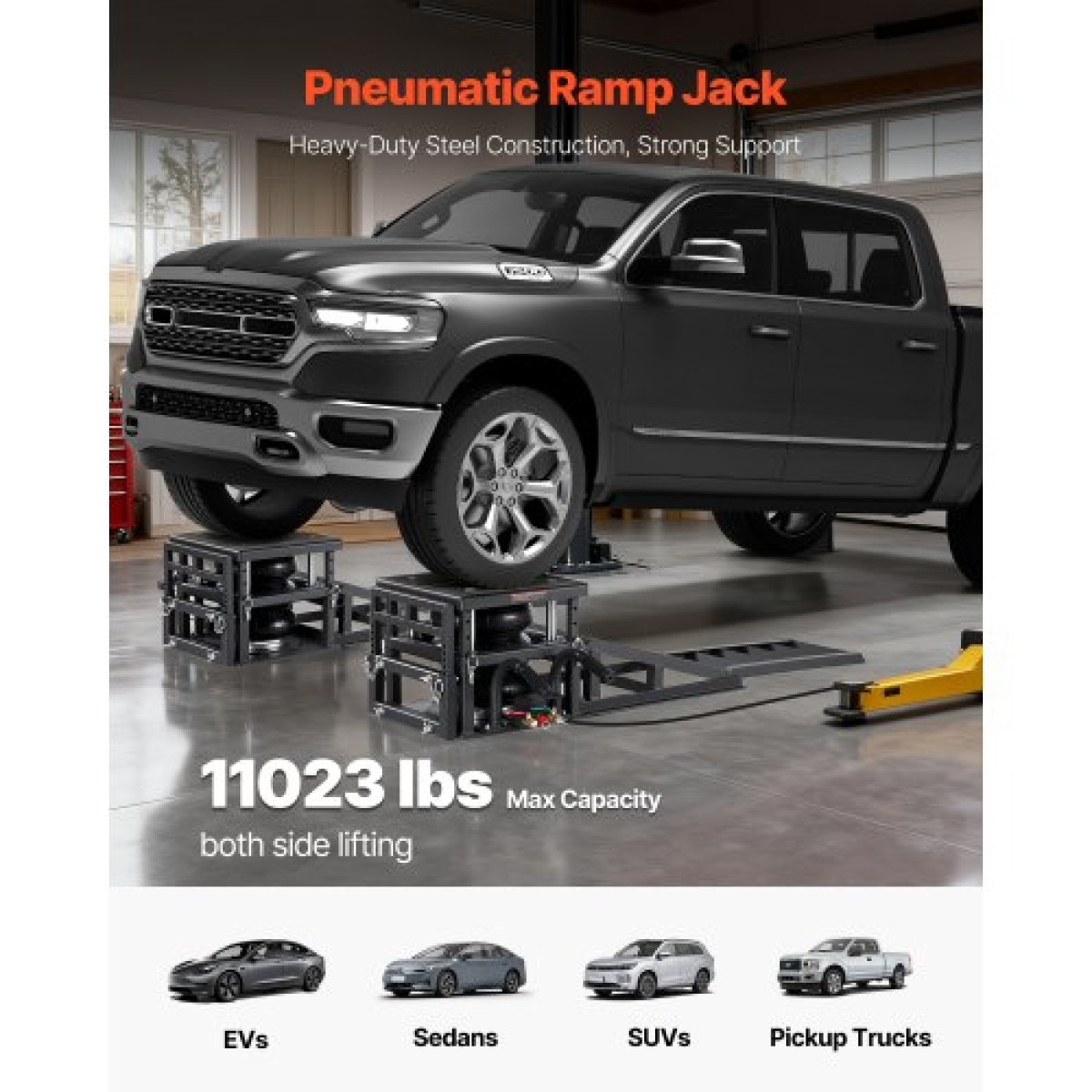 VEVOR Air Portable Car Lifts 2PCS, χωρητικότητα 5 τόννων, μέγιστο ύψος 320 mm, γρύλοι πεπιεσμένου αέρα με αερόσακους, τάκους τροχών, ράμπες επέκτασης, αυξημένες κολώνες, βαρέως τύπου για σεντάν, SUV, φορτηγά