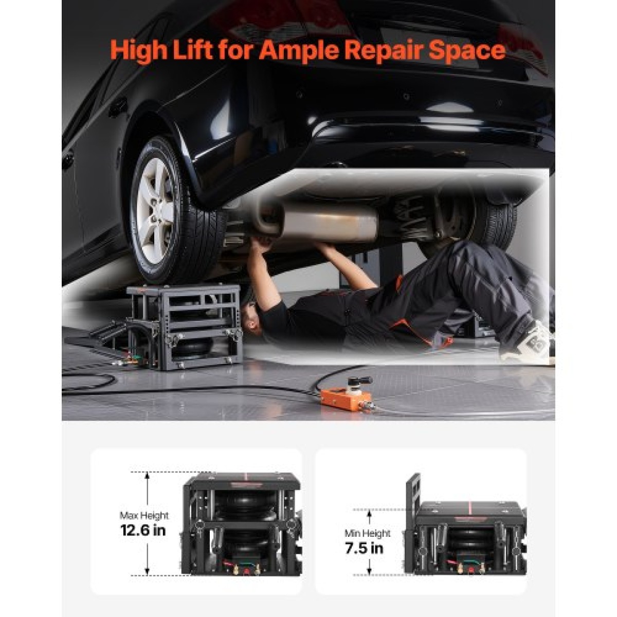 VEVOR Air Portable Car Lifts 2PCS, χωρητικότητα 5 τόννων, μέγιστο ύψος 320 mm, γρύλοι πεπιεσμένου αέρα με αερόσακους, τάκους τροχών, ράμπες επέκτασης, αυξημένες κολώνες, βαρέως τύπου για σεντάν, SUV, φορτηγά