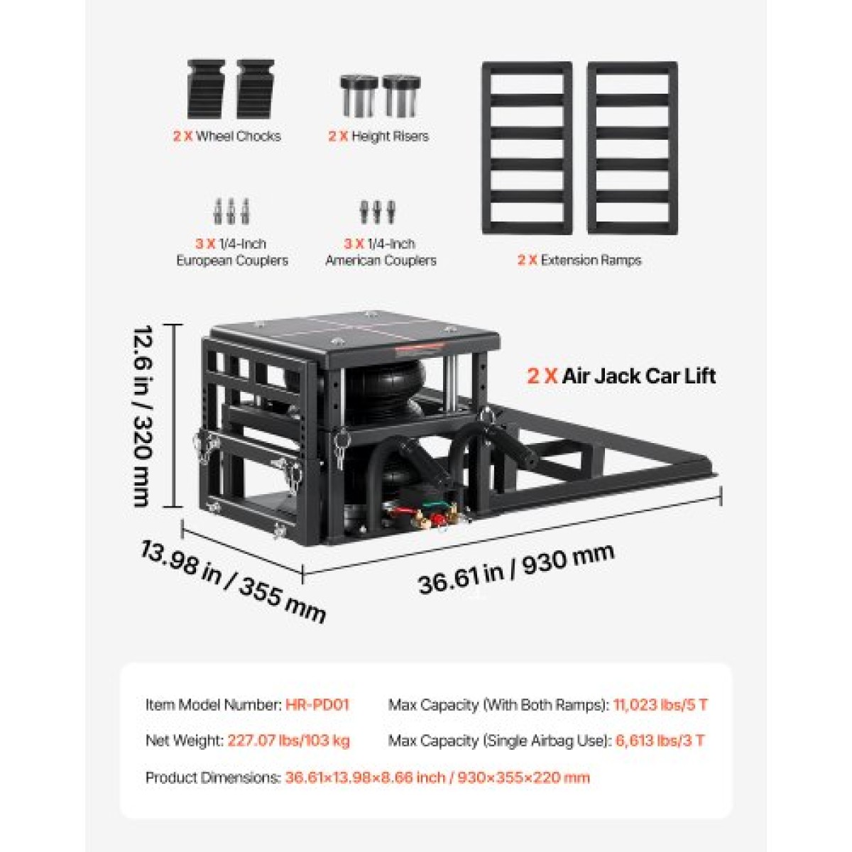 VEVOR Air Portable Car Lifts 2PCS, χωρητικότητα 5 τόννων, μέγιστο ύψος 320 mm, γρύλοι πεπιεσμένου αέρα με αερόσακους, τάκους τροχών, ράμπες επέκτασης, αυξημένες κολώνες, βαρέως τύπου για σεντάν, SUV, φορτηγά