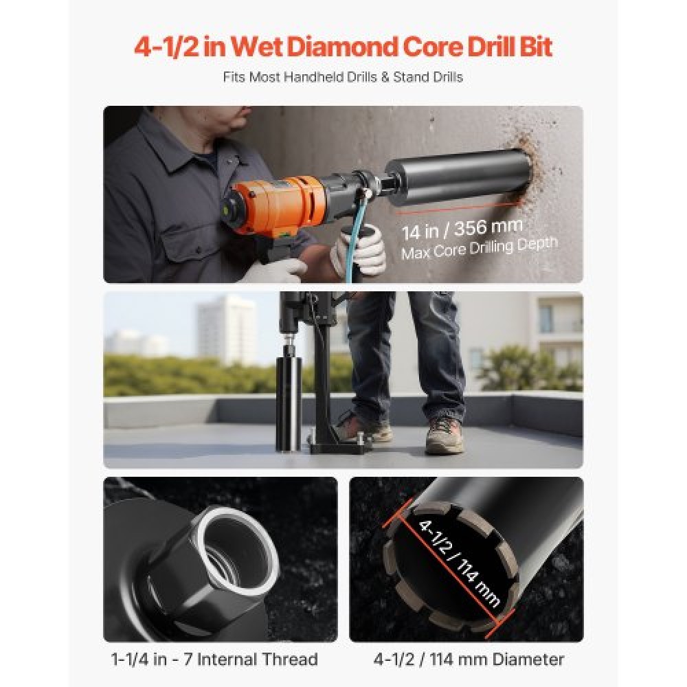 VEVOR Core Drill Bit, 114 mm Diameter, 356 mm Drilling Depth, 1-1/4 in-7 Internal Thread, High-Precision Welding Technology, Wet Diamond Core Bit for Reinforced Concrete, Red Bricks, and Masonry