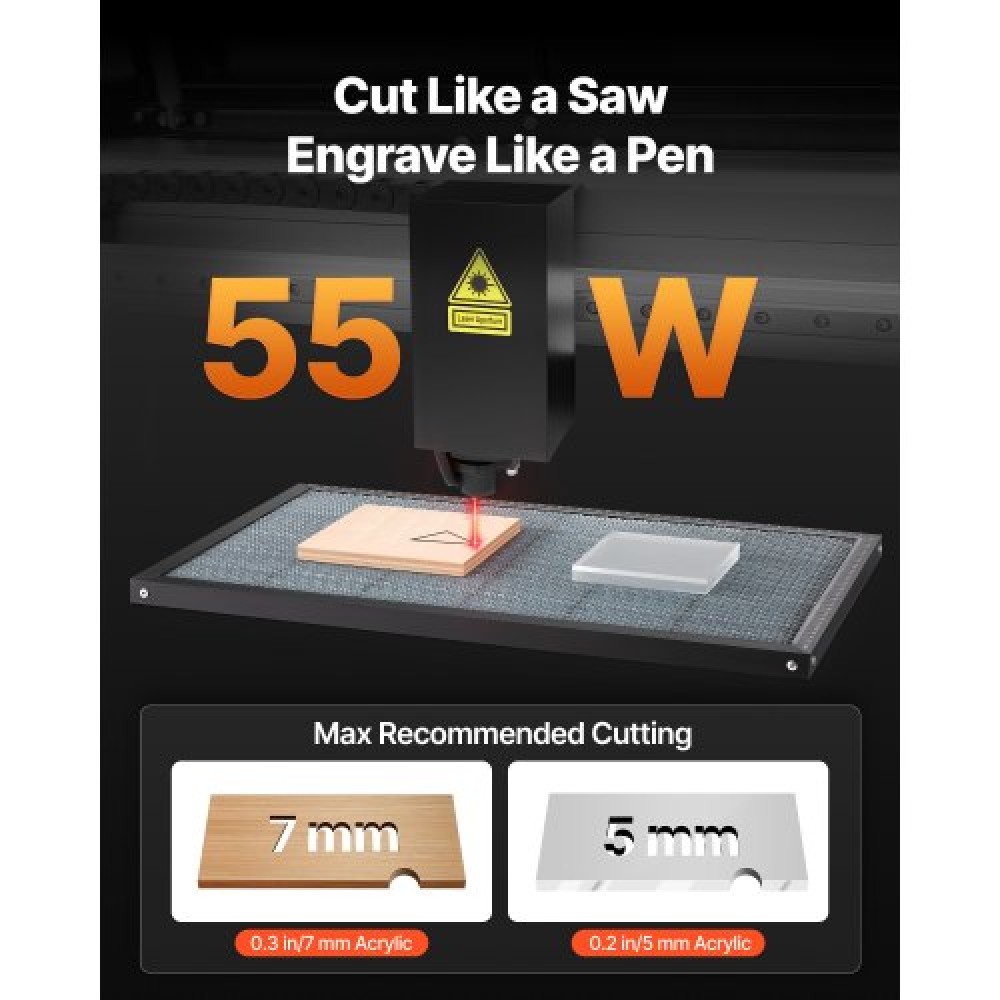 VEVOR 55W CO2 Laser Engraver, 500 x 300 mm, Desktop CO2 Laser Engraver and Cutter Machine with 16MP Camera, Water Pump, Rotary Axis, Compatible with LightBurn CorelDRAW RDWorks, for Wood Acrylic Glass