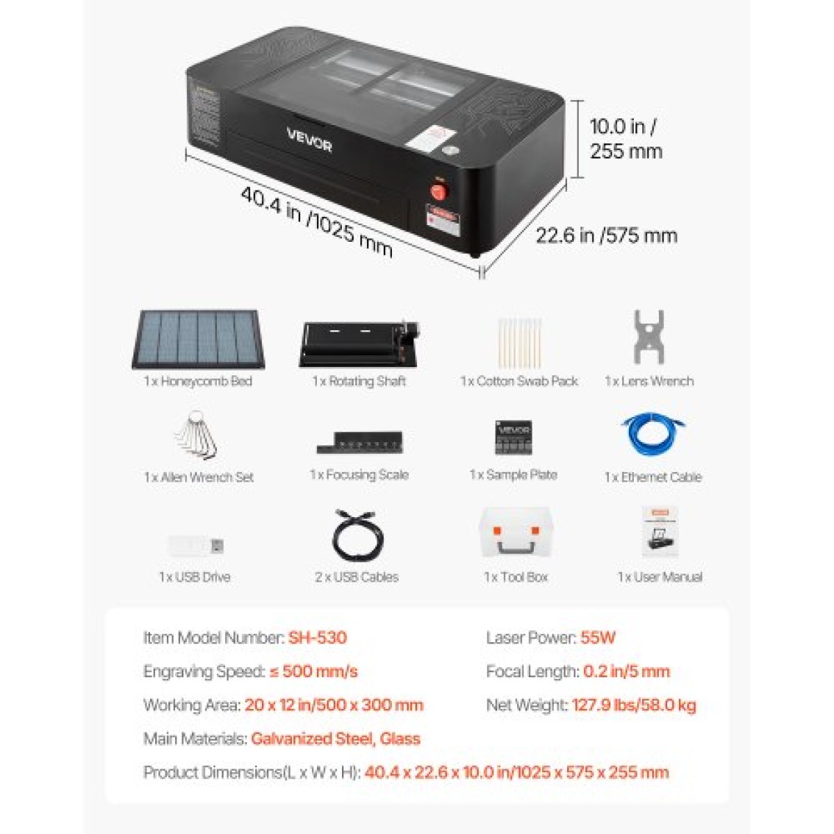VEVOR 55W CO2 Laser Engraver, 500 x 300 mm, Desktop CO2 Laser Engraver and Cutter Machine με κάμερα 16MP, αντλία νερού, περιστροφικός άξονας, συμβατός με LightBurn CorelDRAW RDWorks, για Ξύλο Ακρυλικό Γυαλί