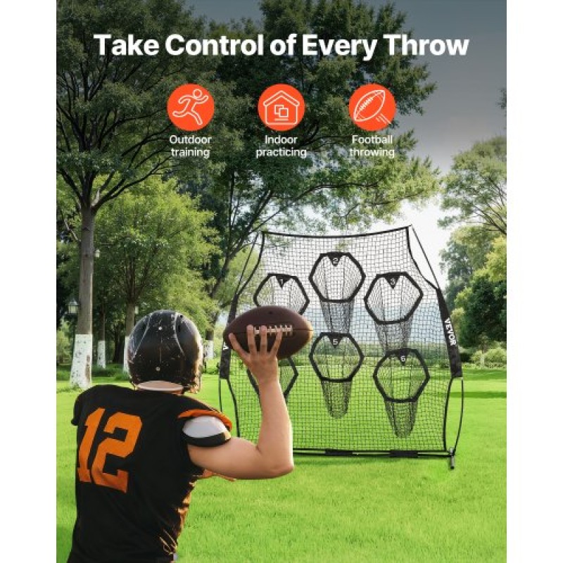 VEVOR 2438.4x2438.4mm Football Trainer Throwing Net, Training Throwing Target Practice Net with 6 Target Pockets, Knotless Net Includes Straps and Portable Carry Case, Improve QB Throwing Accuracy