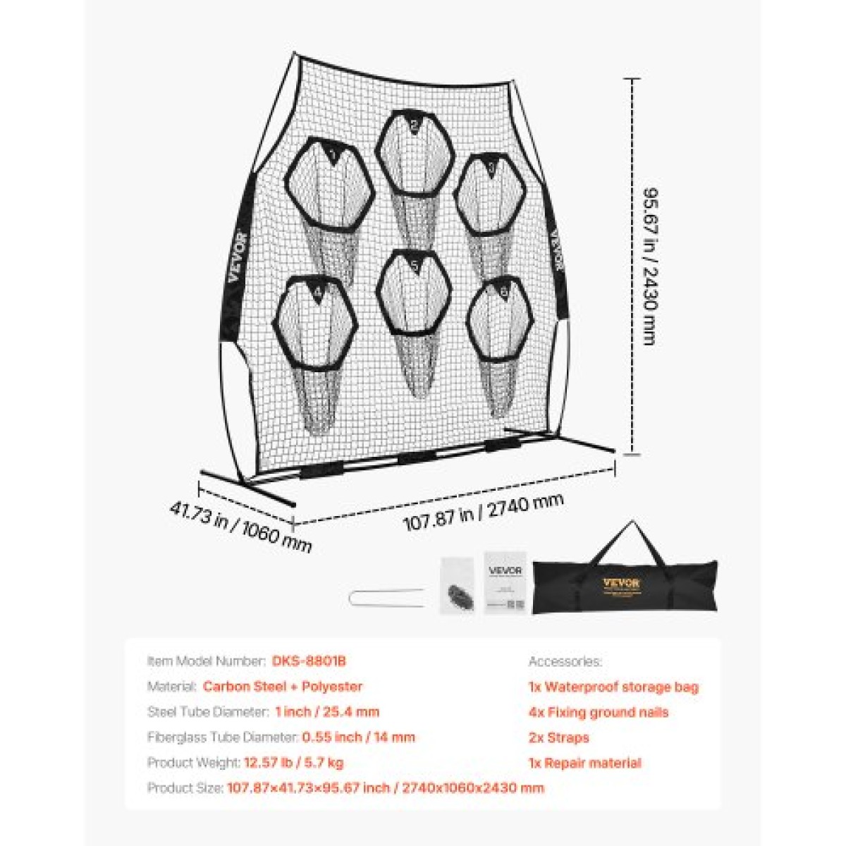 VEVOR 2438,4x2438,4mm Δίχτυ ρίψης προπόνησης ποδοσφαίρου, Δίχτυ εξάσκησης στόχου ρίψης προπόνησης με 6 τσέπες στόχου, δίχτυ χωρίς κόμπους περιλαμβάνει ιμάντες και φορητή θήκη μεταφοράς, Βελτιώστε την ακρίβεια ρίψης QB