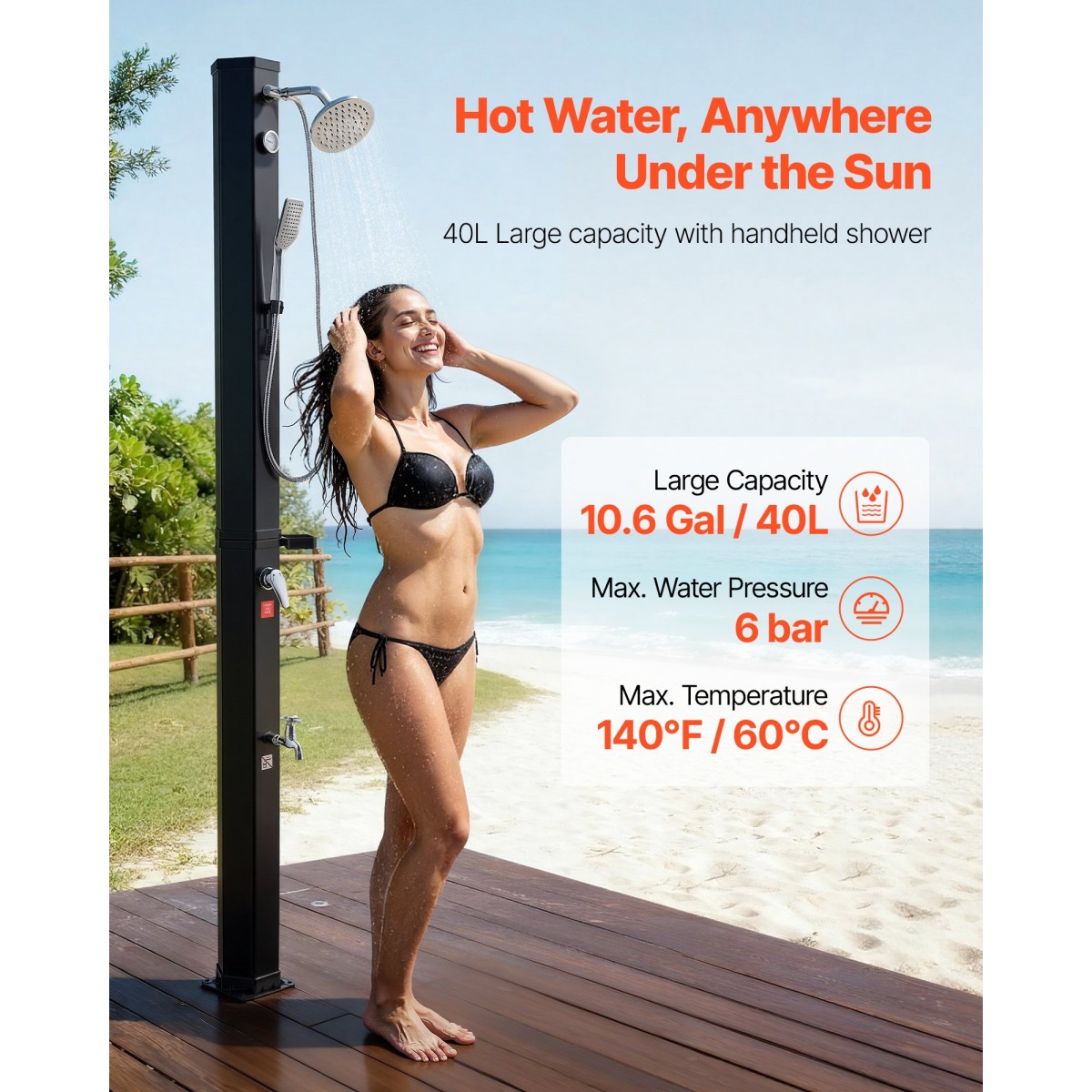 VEVOR 40L Solar Θερμαινόμενο Ντους, Ύψος ντουζιέρας 205cm, Υπαίθριο Ντους, με Βρύση Χειρός & Πόδι, Ρύθμιση Ζεστού & Κρύου Νερού, Ανεξάρτητη για Παραλία Πισίνα στην Πισινή Πισίνα, Μαύρο