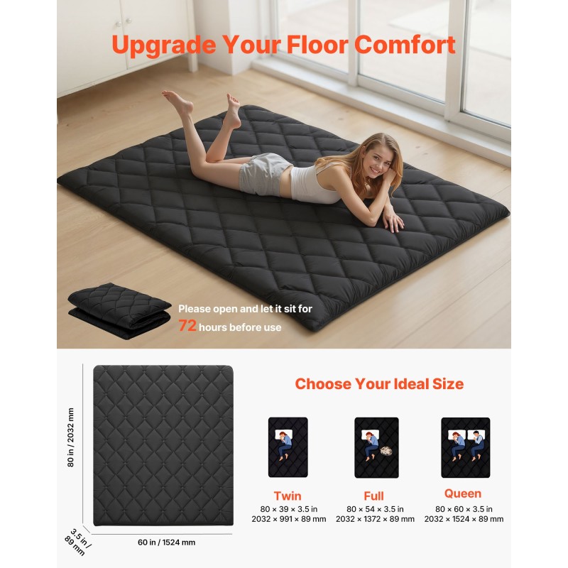 VEVOR Japanese Tatami Mat, Queen Size Πτυσσόμενο Γιαπωνέζικο Στρώμα Τατάμι, Στρώμα Futon με Αποθηκευτική τσάντα & Στερέωμα, Πατάκι δαπέδου 9 στρώσεων για ύπνο, κοιτώνα, διαλογισμός, γιόγκα, 2032 x 1524 x 89 mm, μαύρο
