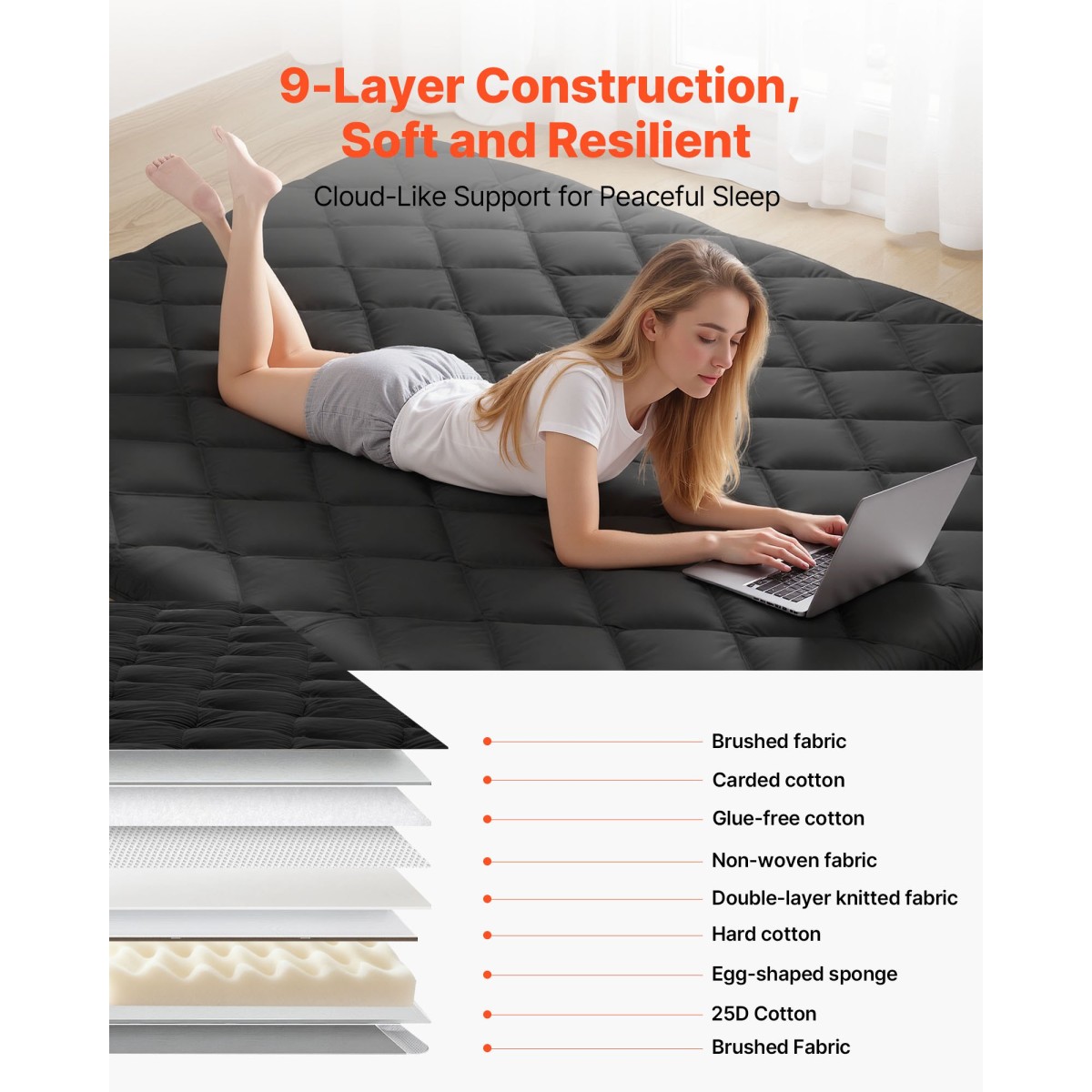 VEVOR Japanese Tatami Mat, Queen Size Πτυσσόμενο Γιαπωνέζικο Στρώμα Τατάμι, Στρώμα Futon με Αποθηκευτική τσάντα & Στερέωμα, Πατάκι δαπέδου 9 στρώσεων για ύπνο, κοιτώνα, διαλογισμός, γιόγκα, 2032 x 1524 x 89 mm, μαύρο