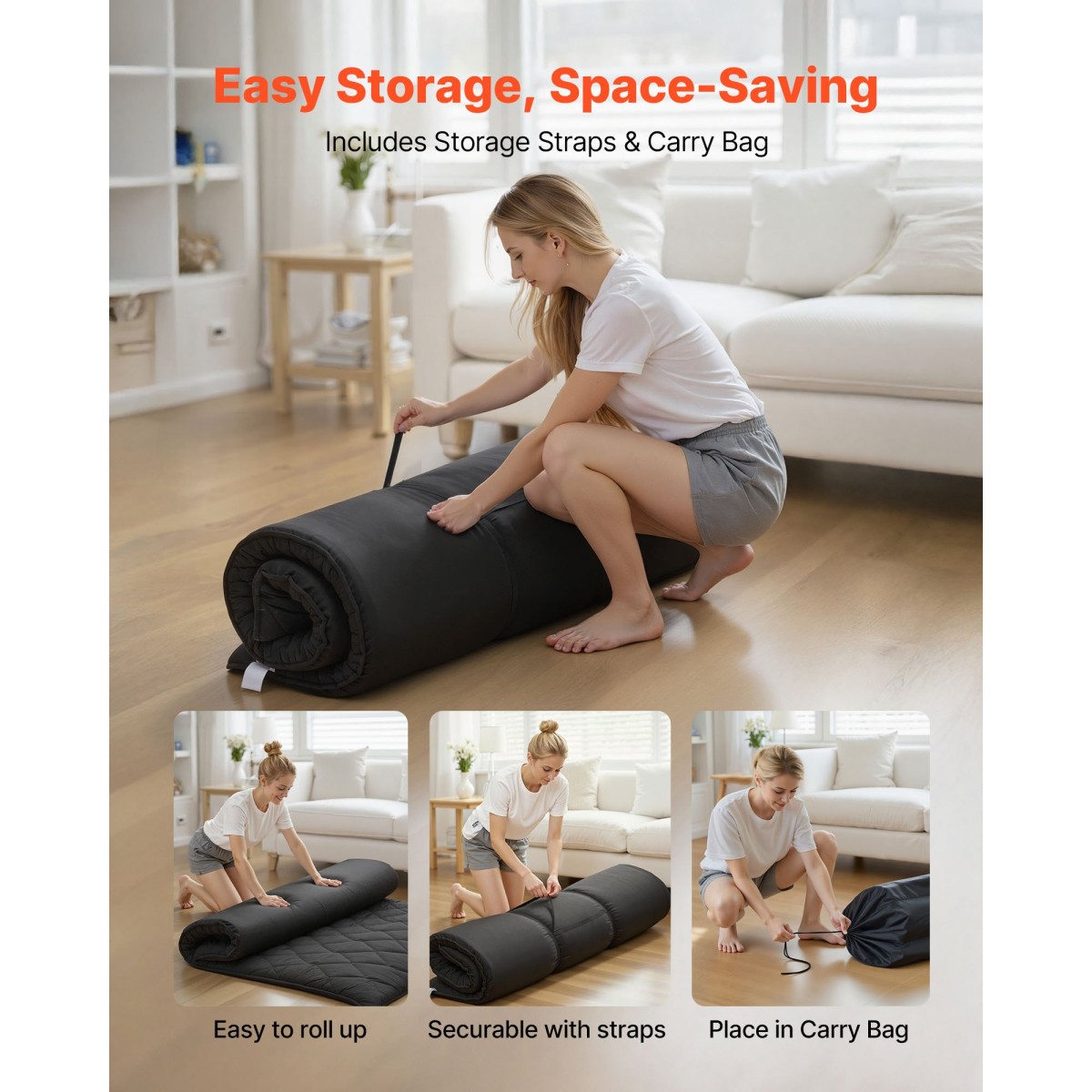 VEVOR Japanese Tatami Mat, Queen Size Πτυσσόμενο Γιαπωνέζικο Στρώμα Τατάμι, Στρώμα Futon με Αποθηκευτική τσάντα & Στερέωμα, Πατάκι δαπέδου 9 στρώσεων για ύπνο, κοιτώνα, διαλογισμός, γιόγκα, 2032 x 1524 x 89 mm, μαύρο