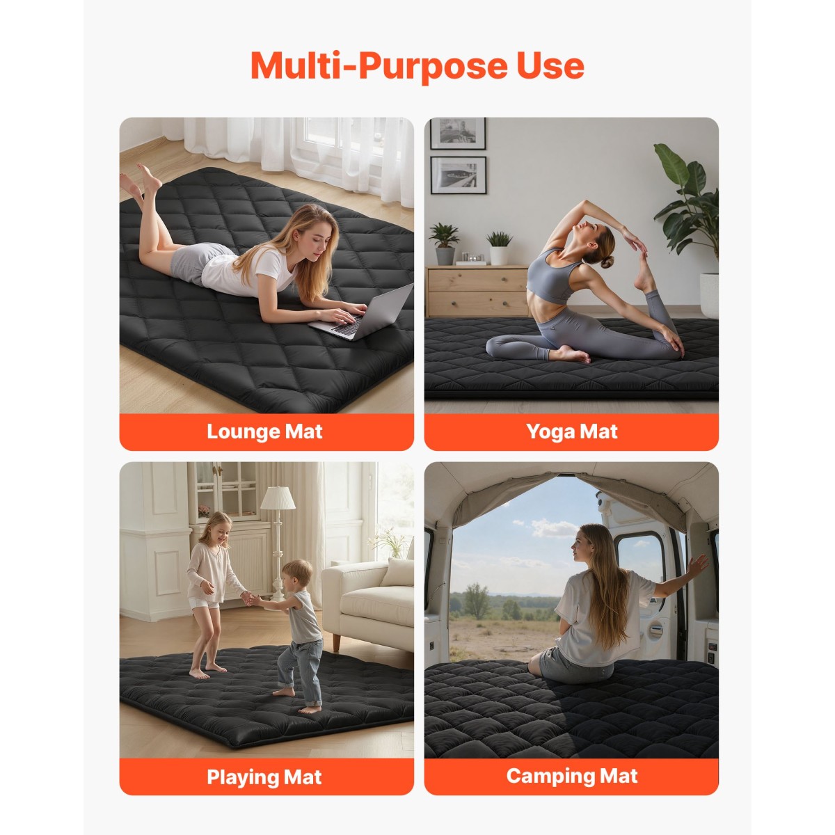 VEVOR Japanese Tatami Mat, Queen Size Πτυσσόμενο Γιαπωνέζικο Στρώμα Τατάμι, Στρώμα Futon με Αποθηκευτική τσάντα & Στερέωμα, Πατάκι δαπέδου 9 στρώσεων για ύπνο, κοιτώνα, διαλογισμός, γιόγκα, 2032 x 1524 x 89 mm, μαύρο
