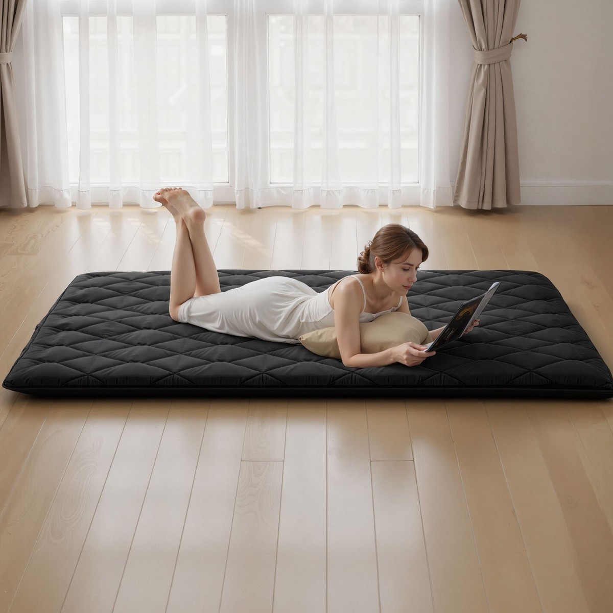 VEVOR Japanese Tatami Mat, Queen Size Πτυσσόμενο Γιαπωνέζικο Στρώμα Τατάμι, Στρώμα Futon με Αποθηκευτική τσάντα & Στερέωμα, Πατάκι δαπέδου 9 στρώσεων για ύπνο, κοιτώνα, διαλογισμός, γιόγκα, 2032 x 1524 x 89 mm, μαύρο