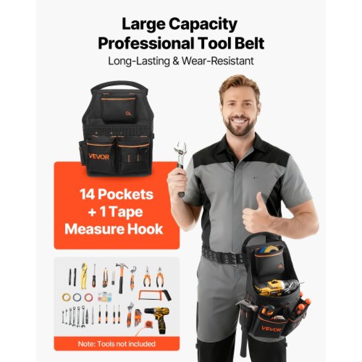 VEVOR Tool Pouch with Belt, 14 Pockets Professional Tool Belt Pouch for men, Heavy Duty Αποσπώμενη ρυθμιζόμενη βοηθητική τσάντα εργασίας για Ηλεκτρολόγο, Ξυλουργό, Κατασκευές, Ρυθμίζει μέση 83 cm έως 127 cm