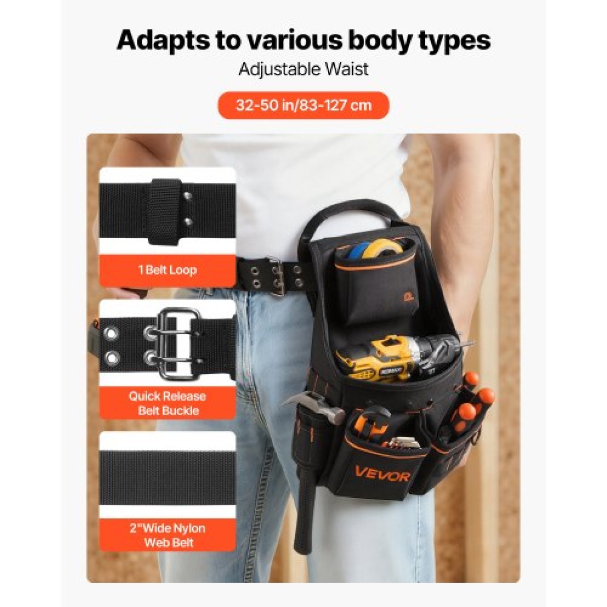 VEVOR Tool Pouch with Belt, 14 Pockets Professional Tool Belt Pouch for men, Heavy Duty Αποσπώμενη ρυθμιζόμενη βοηθητική τσάντα εργασίας για Ηλεκτρολόγο, Ξυλουργό, Κατασκευές, Ρυθμίζει μέση 83 cm έως 127 cm