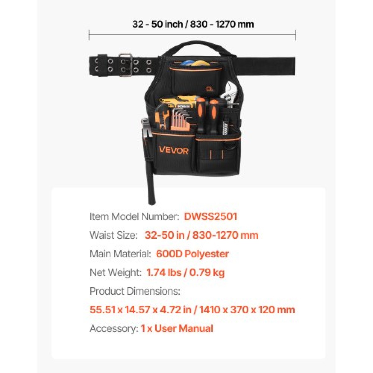 VEVOR Tool Pouch with Belt, 14 Pockets Professional Tool Belt Pouch for men, Heavy Duty Αποσπώμενη ρυθμιζόμενη βοηθητική τσάντα εργασίας για Ηλεκτρολόγο, Ξυλουργό, Κατασκευές, Ρυθμίζει μέση 83 cm έως 127 cm