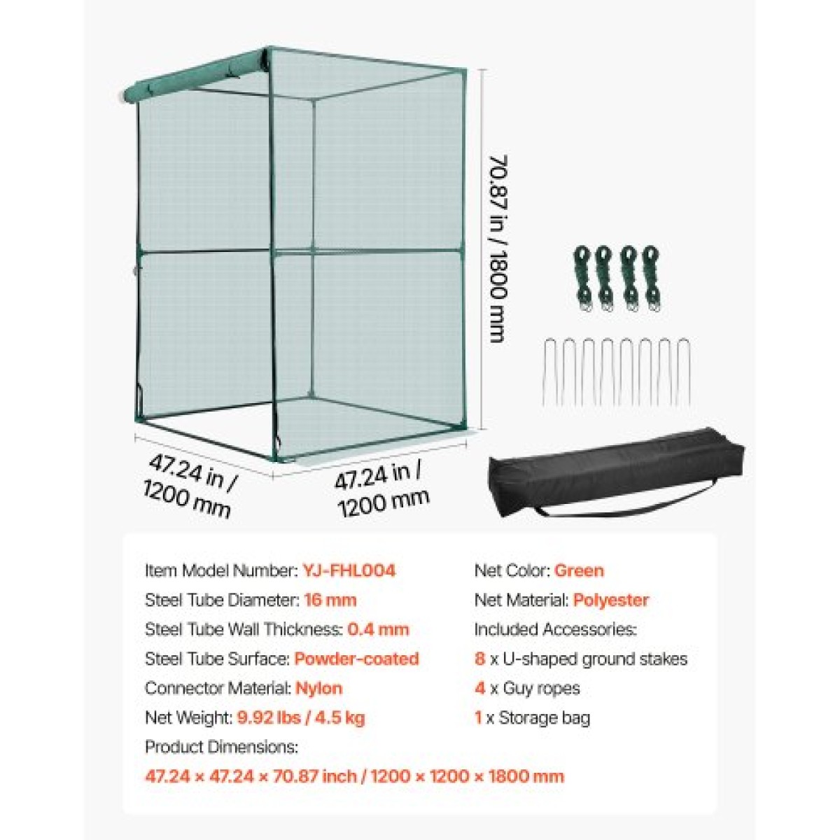 VEVOR Crop Cage, 1,2 x 1,2 x 1,8 m Σκηνή φυτοπροστασίας με πόρτα με φερμουάρ, ψηλό κλουβί καλλιέργειας ανθεκτικό στον άνεμο, εύκολο στην εγκατάσταση, υπαίθριο υπερυψωμένο κάλυμμα κρεβατιού, δίχτυ ντομάτας για γκαζόν βεράντας κήπου