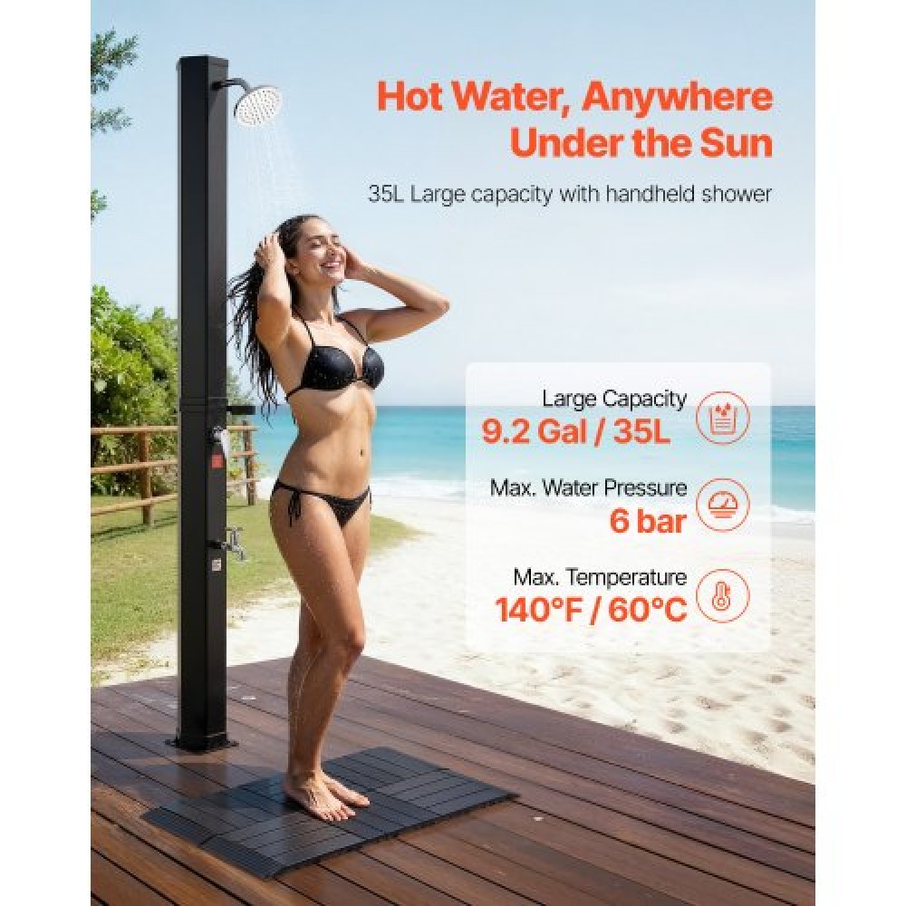 VEVOR 35L Solar Heated Shower, 195cm Showerhead Height Outdoor Shower, with Floor Kit & Foot Faucet, Hot & Cold Water Adjustment, Freestanding for Backyard Poolside Beach Pool,Black