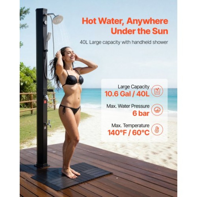 VEVOR 40L Solar Heated Shower, 205cm Showerhead Height Outdoor Shower, with Floor Kit & Handheld & Foot Faucet, Hot & Cold Water Adjust, Freestanding for Backyard Poolside Beach Pool,Black