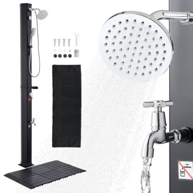 VEVOR 40L Solar Heated Shower, 205cm Showerhead Height Outdoor Shower, with Floor Kit & Handheld & Foot Faucet, Hot & Cold Water Adjust, Freestanding for Backyard Poolside Beach Pool,Black