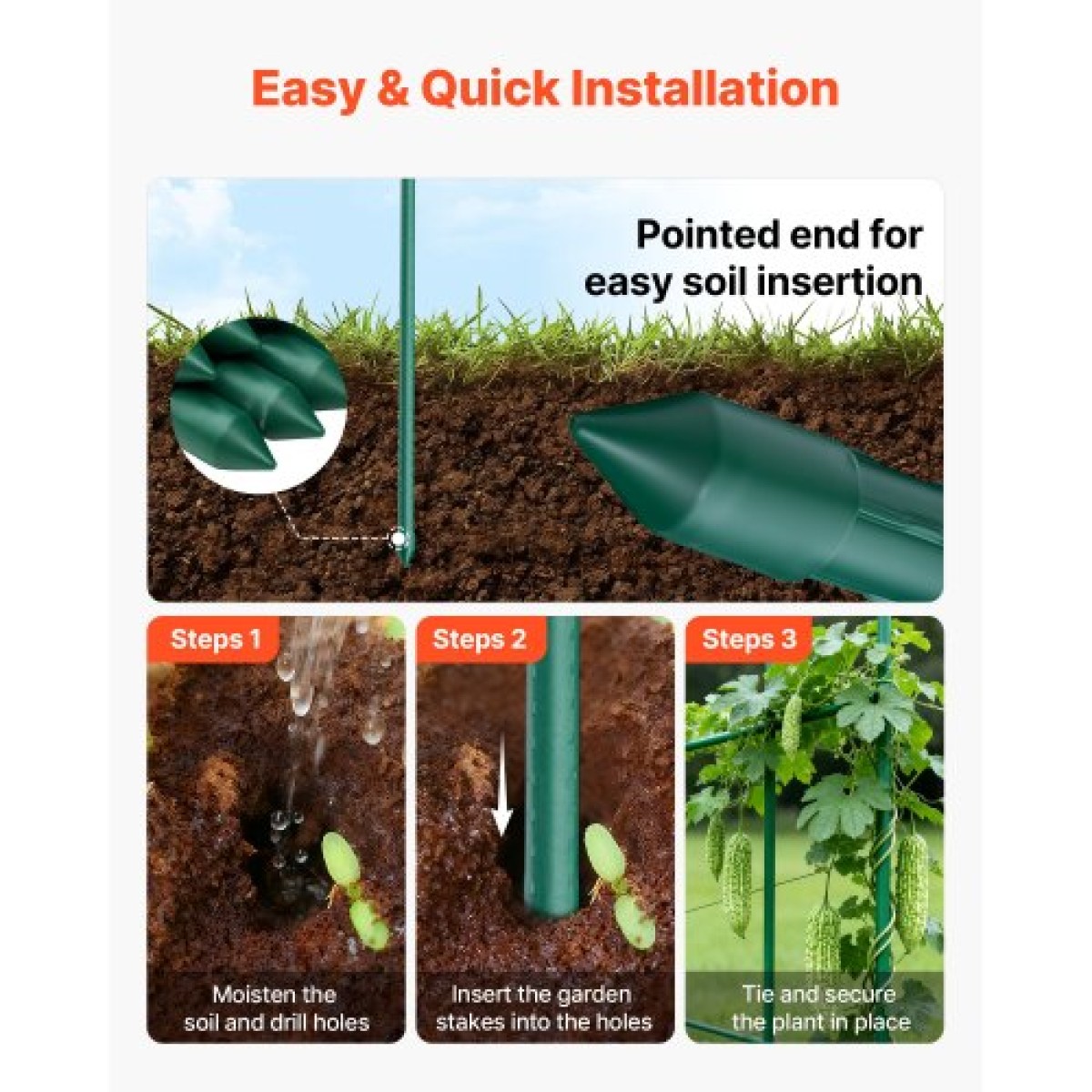 VEVOR Garden Stakes, 15 Pack, 1705 mm, Μεταλλικοί πάσσαλοι ντομάτας με πλαστική επικάλυψη, Garden Sticks για υποστήριξη φυτών, με μυτερό άκρο και αντιολισθητικά εξογκώματα για καλλιέργεια αναρριχώμενων φυτών, λαχανικά εξωτερικού χώρου