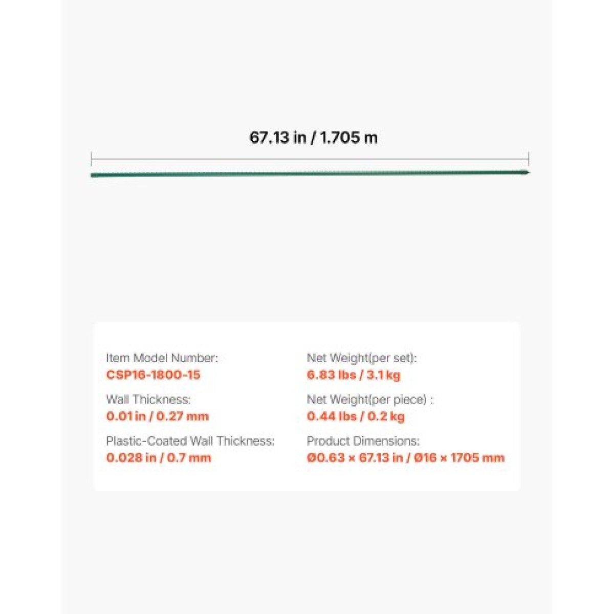 VEVOR Garden Stakes, 15 Pack, 1705 mm, Μεταλλικοί πάσσαλοι ντομάτας με πλαστική επικάλυψη, Garden Sticks για υποστήριξη φυτών, με μυτερό άκρο και αντιολισθητικά εξογκώματα για καλλιέργεια αναρριχώμενων φυτών, λαχανικά εξωτερικού χώρου