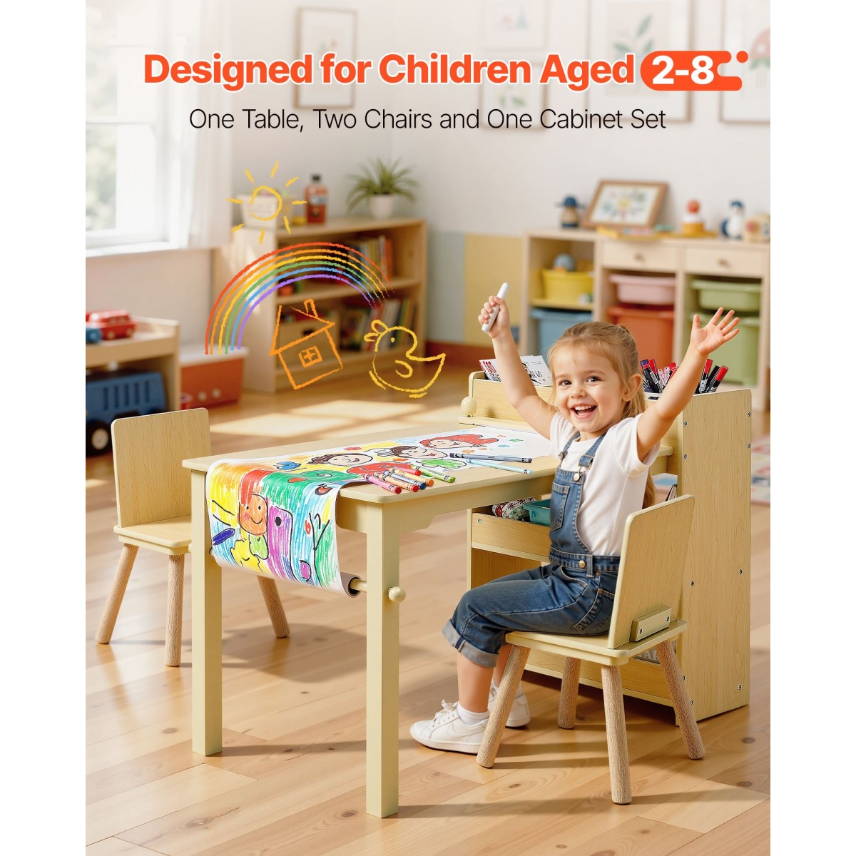 Σετ τραπεζιού και καρέκλας VEVOR Kids Art, Τραπέζι χειροτεχνίας για νήπια με ντουλάπι αποθήκευσης 3 επιπέδων, Ξύλινο Παιδικό παιδότοπο με 2 καρέκλες, Craft Play Desk για ανάγνωση, μάθηση, σχέδιο, γραφή, ανοιχτό ξύλο