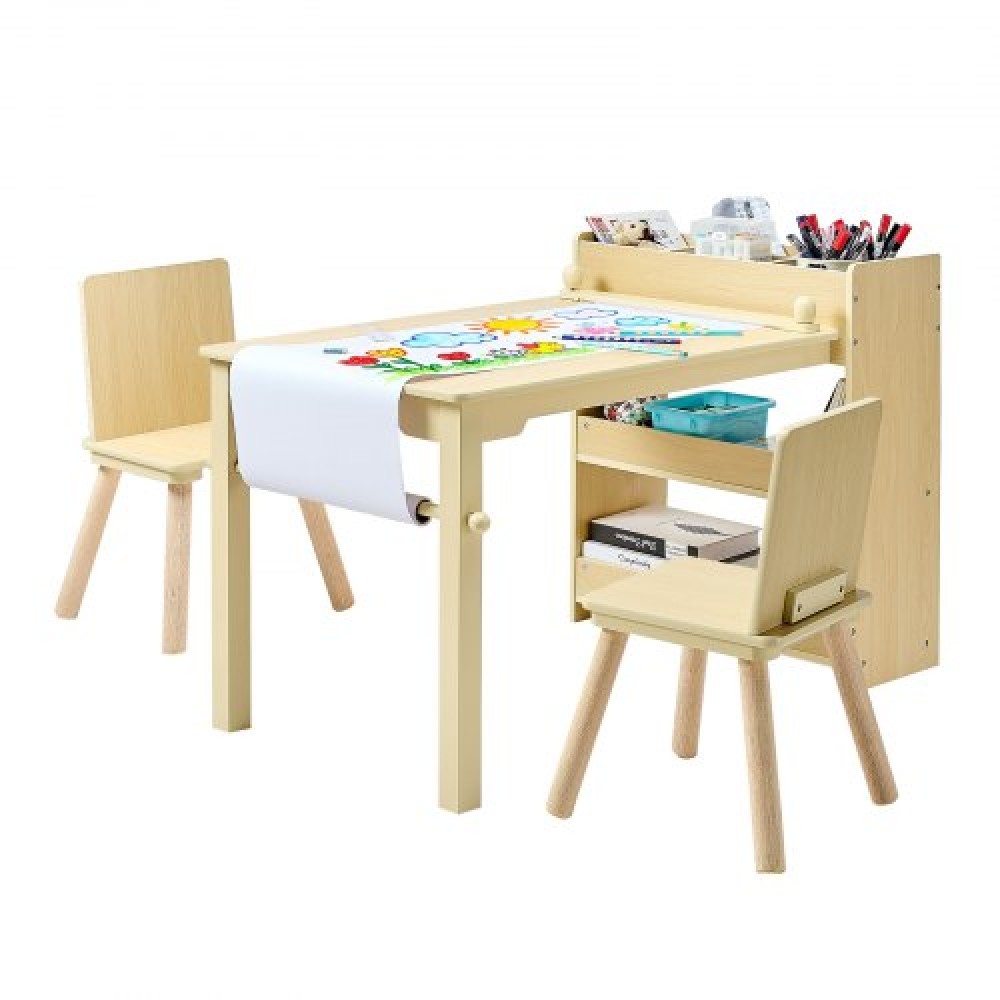 Σετ τραπεζιού και καρέκλας VEVOR Kids Art, Τραπέζι χειροτεχνίας για νήπια με ντουλάπι αποθήκευσης 3 επιπέδων, Ξύλινο Παιδικό παιδότοπο με 2 καρέκλες, Craft Play Desk για ανάγνωση, μάθηση, σχέδιο, γραφή, ανοιχτό ξύλο
