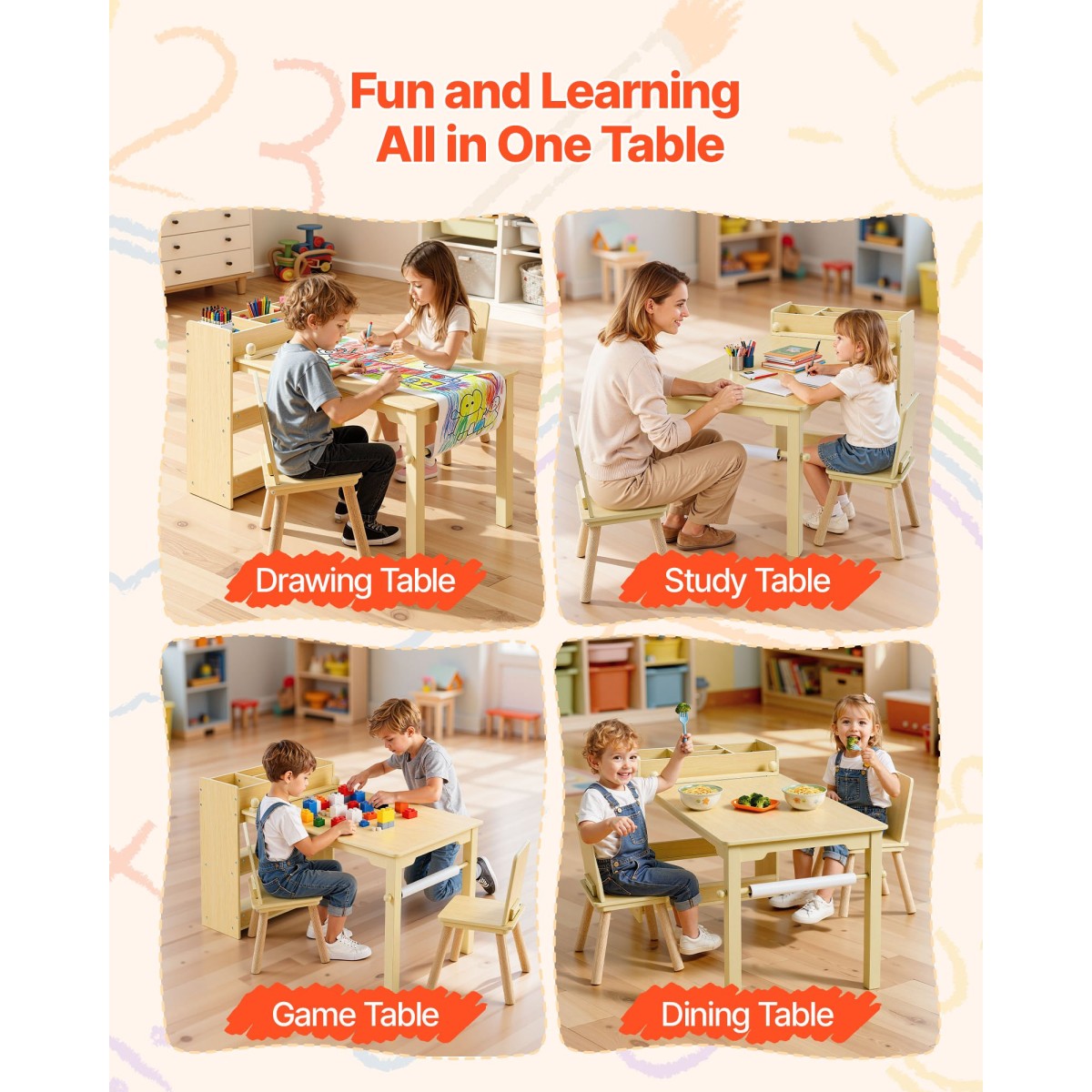 Σετ τραπεζιού και καρέκλας VEVOR Kids Art, Τραπέζι χειροτεχνίας για νήπια με ντουλάπι αποθήκευσης 3 επιπέδων, Ξύλινο Παιδικό παιδότοπο με 2 καρέκλες, Craft Play Desk για ανάγνωση, μάθηση, σχέδιο, γραφή, ανοιχτό ξύλο