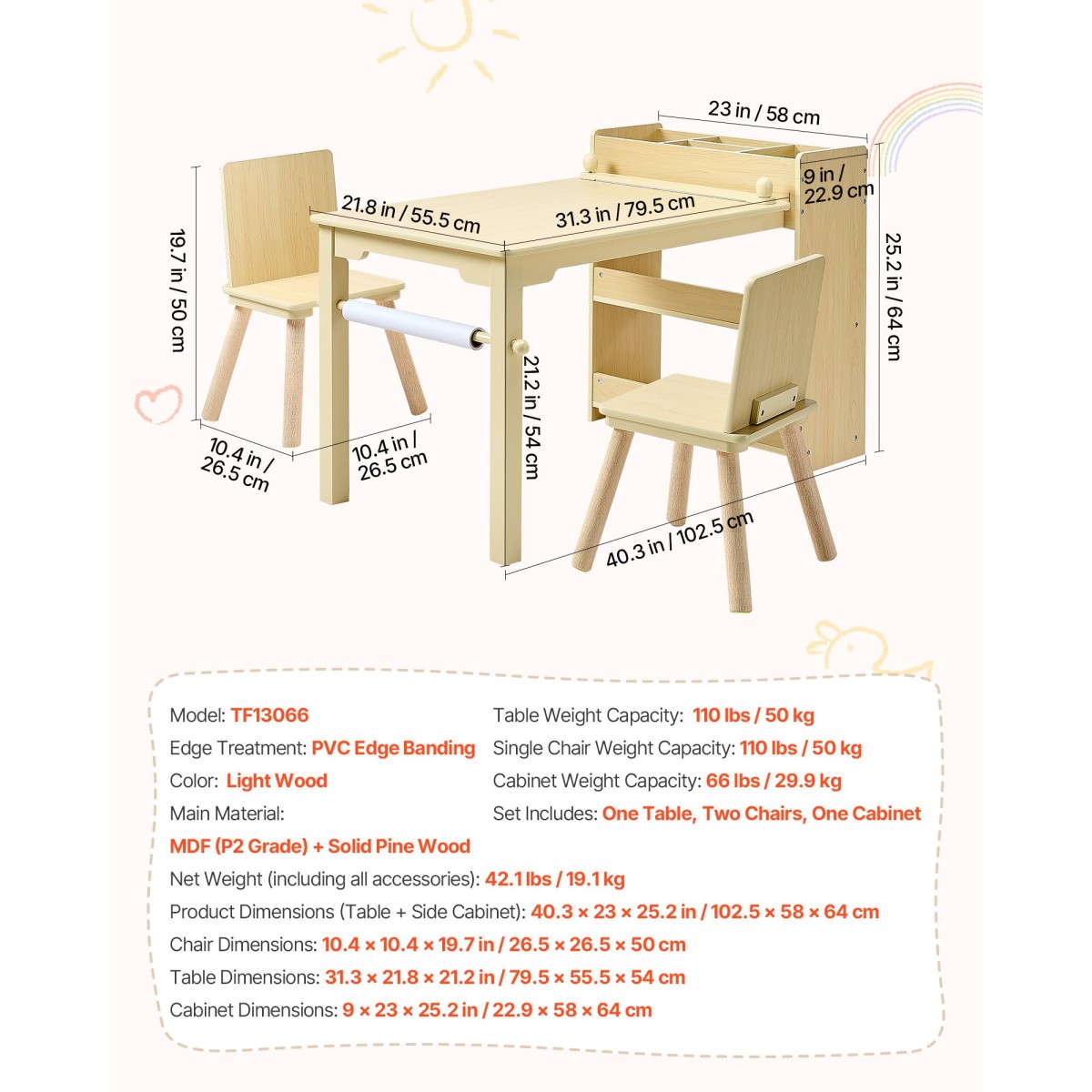 Σετ τραπεζιού και καρέκλας VEVOR Kids Art, Τραπέζι χειροτεχνίας για νήπια με ντουλάπι αποθήκευσης 3 επιπέδων, Ξύλινο Παιδικό παιδότοπο με 2 καρέκλες, Craft Play Desk για ανάγνωση, μάθηση, σχέδιο, γραφή, ανοιχτό ξύλο