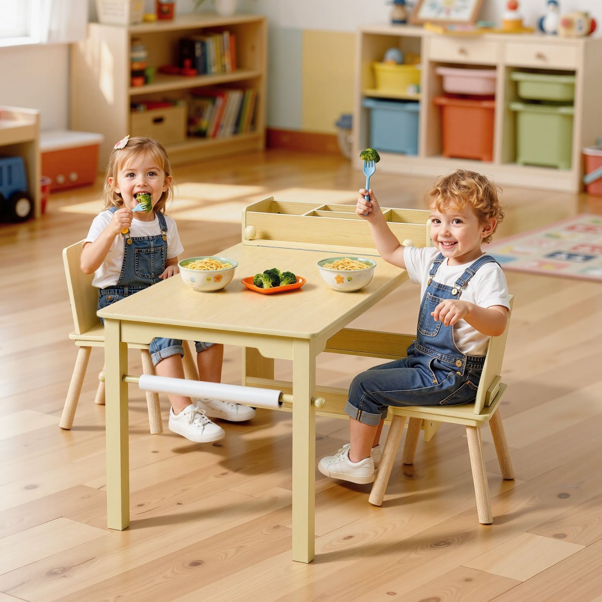 Σετ τραπεζιού και καρέκλας VEVOR Kids Art, Τραπέζι χειροτεχνίας για νήπια με ντουλάπι αποθήκευσης 3 επιπέδων, Ξύλινο Παιδικό παιδότοπο με 2 καρέκλες, Craft Play Desk για ανάγνωση, μάθηση, σχέδιο, γραφή, ανοιχτό ξύλο