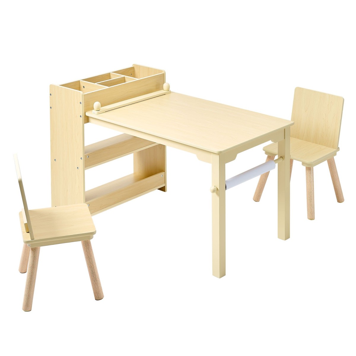 Σετ τραπεζιού και καρέκλας VEVOR Kids Art, Τραπέζι χειροτεχνίας για νήπια με ντουλάπι αποθήκευσης 3 επιπέδων, Ξύλινο Παιδικό παιδότοπο με 2 καρέκλες, Craft Play Desk για ανάγνωση, μάθηση, σχέδιο, γραφή, ανοιχτό ξύλο