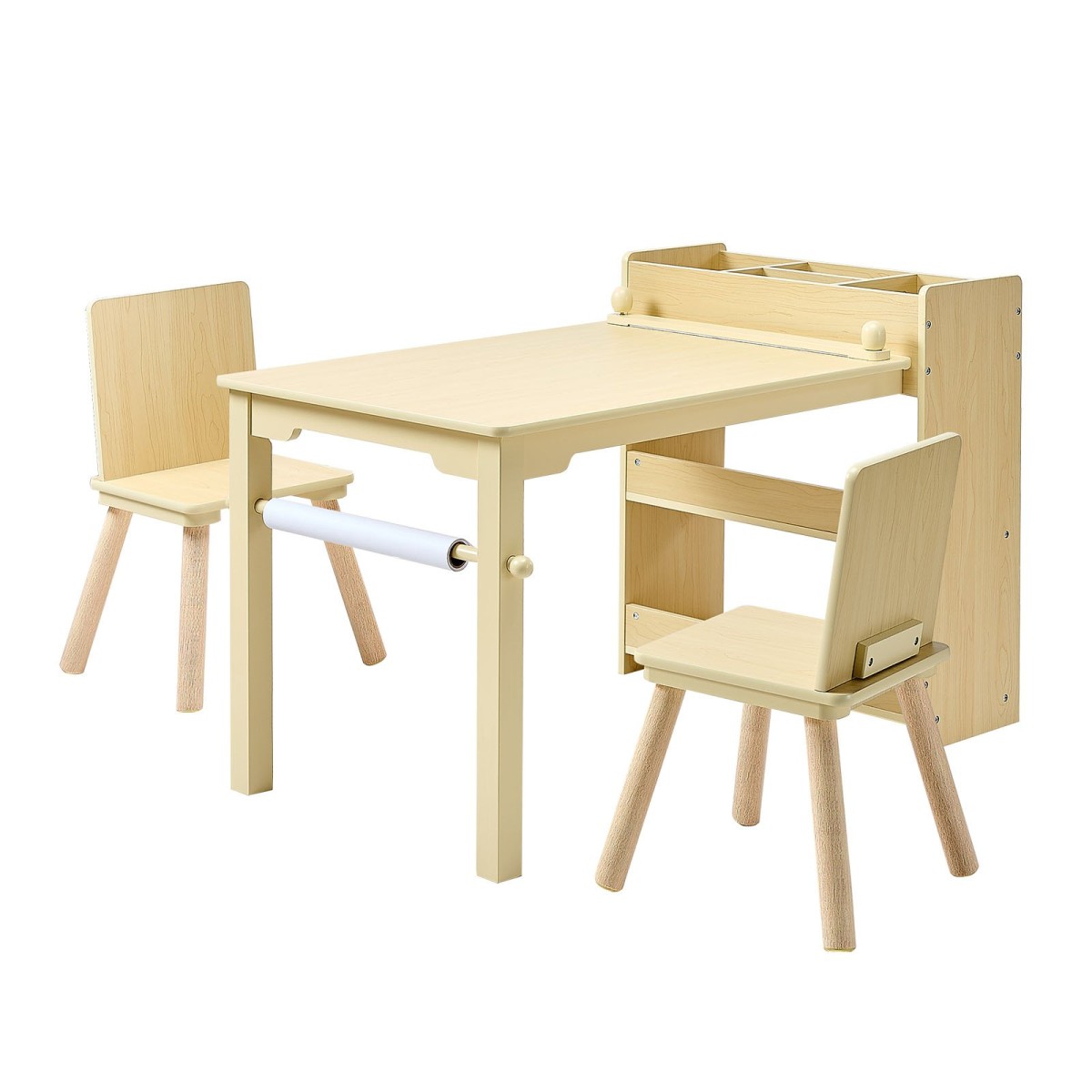 Σετ τραπεζιού και καρέκλας VEVOR Kids Art, Τραπέζι χειροτεχνίας για νήπια με ντουλάπι αποθήκευσης 3 επιπέδων, Ξύλινο Παιδικό παιδότοπο με 2 καρέκλες, Craft Play Desk για ανάγνωση, μάθηση, σχέδιο, γραφή, ανοιχτό ξύλο
