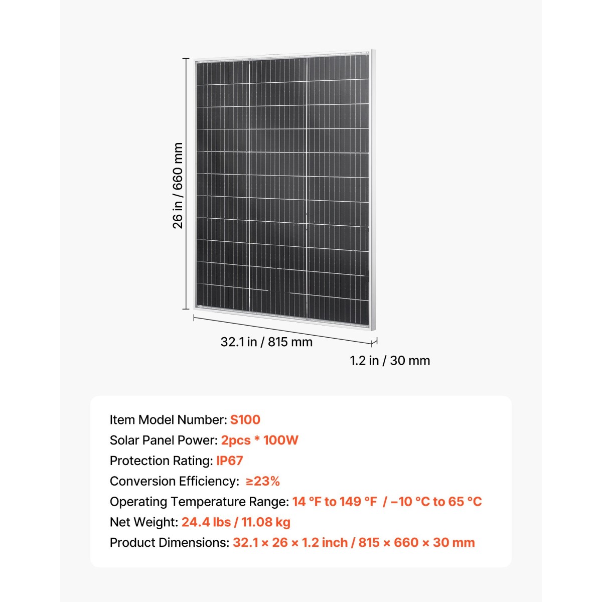 VEVOR 2PCS 100W Bifacial Solar Panels, Μονοκρυσταλλική Μονάδα Φ/Β τύπου N 23% υψηλής απόδοσης με έξοδο MC4 & πλαίσιο αλουμινίου, αδιάβροχο ηλιακό πάνελ IP67 για σκάφος αυτοκινήτου RV Flat Rooftop Off-Grid