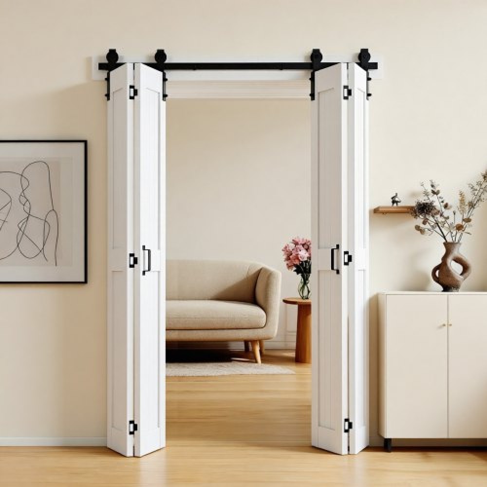 VEVOR Bifold Barn Door, 1219 x 2134 mm, Διπλό MDF συρόμενες πόρτες ντουλάπας, περιλαμβάνεται κιτ υλικού, σχέδιο H-πλαισίου που εξοικονομεί χώρο, προσυναρμολογημένα πάνελ για υπνοδωμάτιο, σαλόνι και διαχωριστικό δωματίου, λευκό