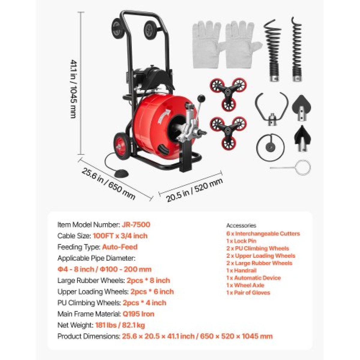 Μηχάνημα καθαρισμού αποχέτευσης VEVOR 30m x 19mm, Auto Feed Sewer Snake Auger, Φορητό μηχάνημα καθαρισμού αποχέτευσης με συνδυασμό πολλαπλών τροχών, 6 κόφτες & διακόπτης ποδιών με ενεργοποίηση αέρα για σωλήνες 100mm έως 200mm