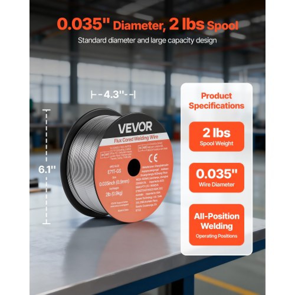 Σύρμα συγκόλλησης VEVOR Flux Core MIG, E71T-GS 0,9mm 0,9kg, Σύρμα συγκόλλησης από ήπιο χάλυβα χωρίς αέριο με χαμηλό πιτσίλισμα για συγκόλληση τόξου σε όλες τις θέσεις, αυτοπροστατευμένο για εξωτερική χρήση (Συσκευασία 3 κυλίνδρων)