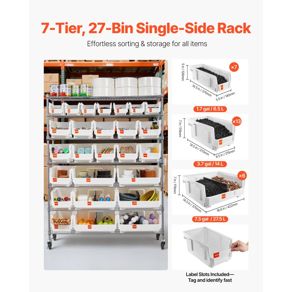 VEVOR 7-Tier Rolling Bin Storage Rack, 26 Organizer Bins, Bin Rack Storage Steel Stere Ralfing System with Rods, Mobile Organizer Tool για Γκαράζ, Αποθήκη, Γραφείο, Εστιατόριο, Τάξη, Κουζίνα