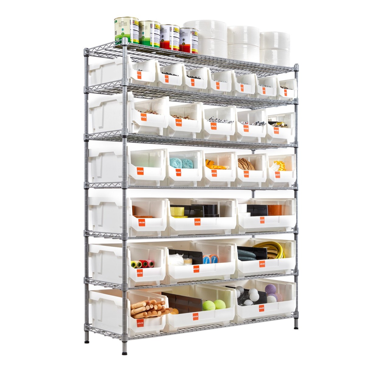 VEVOR 7-Tier Rolling Bin Storage Rack, 26 Organizer Bins, Bin Rack Storage Steel Stere Ralfing System with Rods, Mobile Organizer Tool για Γκαράζ, Αποθήκη, Γραφείο, Εστιατόριο, Τάξη, Κουζίνα