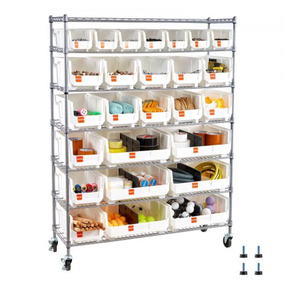 VEVOR 7-Tier Rolling Bin Storage Rack, 26 Organizer Bins, Bin Rack Storage Steel Stere Ralfing System with Rods, Mobile Organizer Tool για Γκαράζ, Αποθήκη, Γραφείο, Εστιατόριο, Τάξη, Κουζίνα