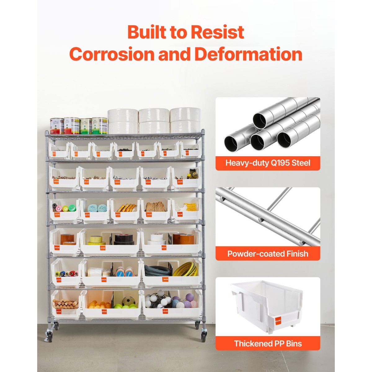 VEVOR 7-Tier Rolling Bin Storage Rack, 26 Organizer Bins, Bin Rack Storage Steel Stere Ralfing System with Rods, Mobile Organizer Tool για Γκαράζ, Αποθήκη, Γραφείο, Εστιατόριο, Τάξη, Κουζίνα