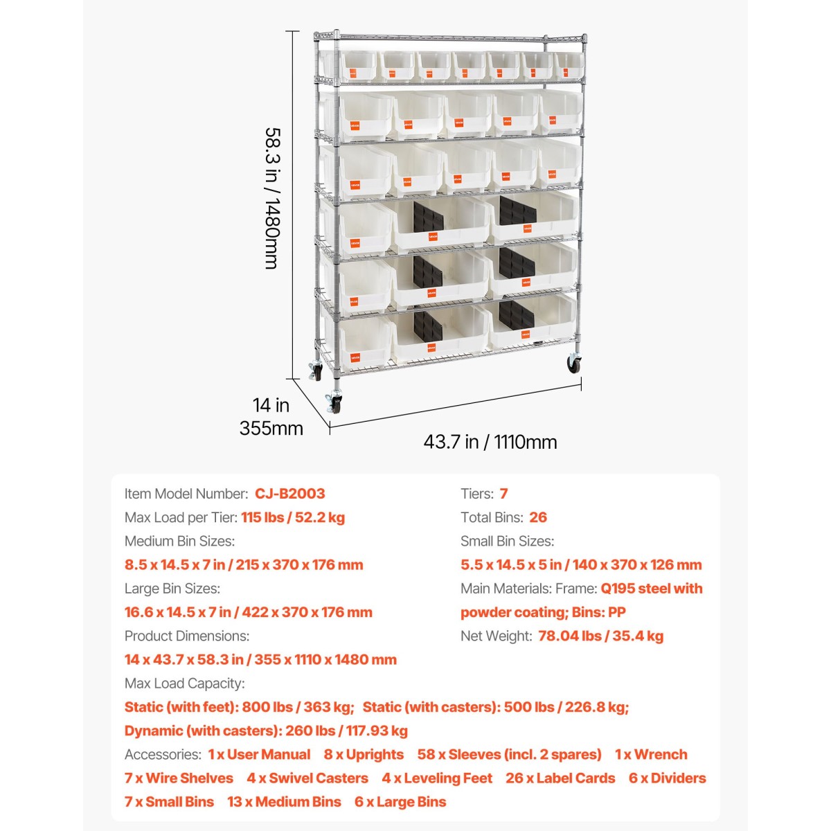 VEVOR 7-Tier Rolling Bin Storage Rack, 26 Organizer Bins, Bin Rack Storage Steel Stere Ralfing System with Rods, Mobile Organizer Tool για Γκαράζ, Αποθήκη, Γραφείο, Εστιατόριο, Τάξη, Κουζίνα