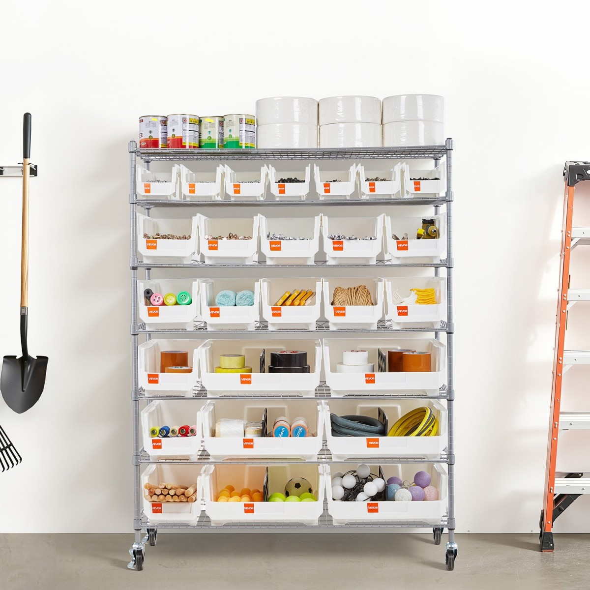 VEVOR 7-Tier Rolling Bin Storage Rack, 26 Organizer Bins, Bin Rack Storage Steel Stere Ralfing System with Rods, Mobile Organizer Tool για Γκαράζ, Αποθήκη, Γραφείο, Εστιατόριο, Τάξη, Κουζίνα