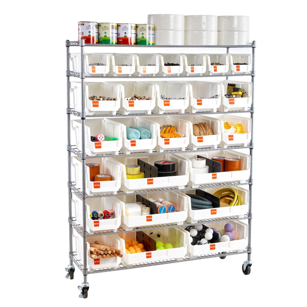 VEVOR 7-Tier Rolling Bin Storage Rack, 26 Organizer Bins, Bin Rack Storage Steel Stere Ralfing System with Rods, Mobile Organizer Tool για Γκαράζ, Αποθήκη, Γραφείο, Εστιατόριο, Τάξη, Κουζίνα