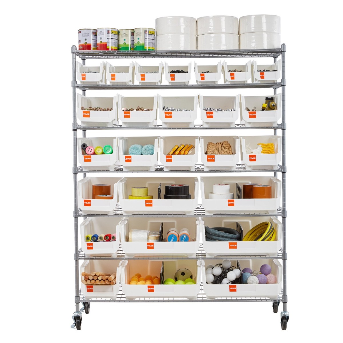 VEVOR 7-Tier Rolling Bin Storage Rack, 26 Organizer Bins, Bin Rack Storage Steel Stere Ralfing System with Rods, Mobile Organizer Tool για Γκαράζ, Αποθήκη, Γραφείο, Εστιατόριο, Τάξη, Κουζίνα