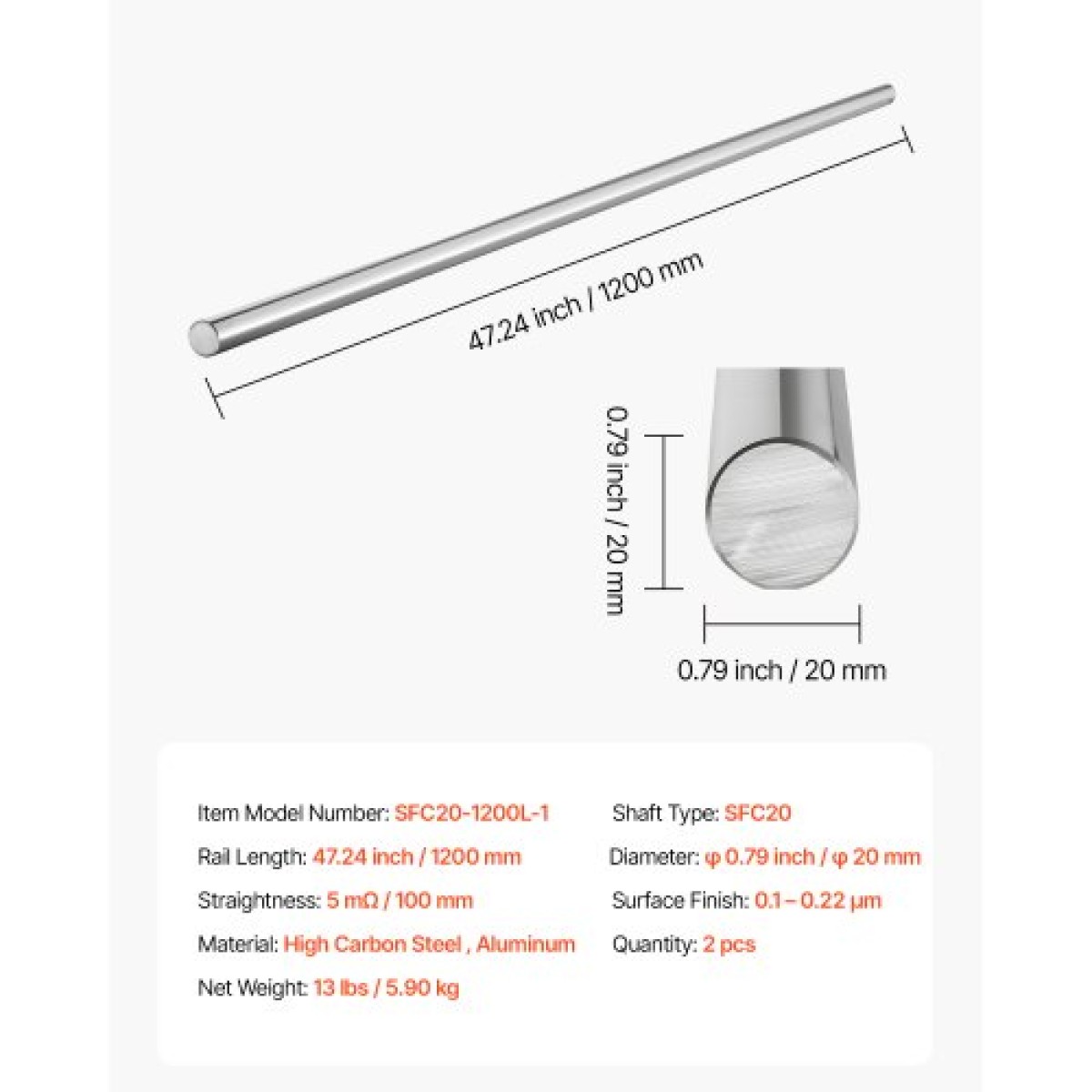 Ράβδος γραμμικής κίνησης VEVOR 2PCS, 20 mm x 1200 mm (0,79 x 47,24 ίντσες), άξονας γραμμικής ράβδου από ανθρακούχο χάλυβα SFC20, Anti Rust and High Precision, Άξονας υψηλής σκληρότητας, για κοπή λείανσης μηχανής διάτρησης