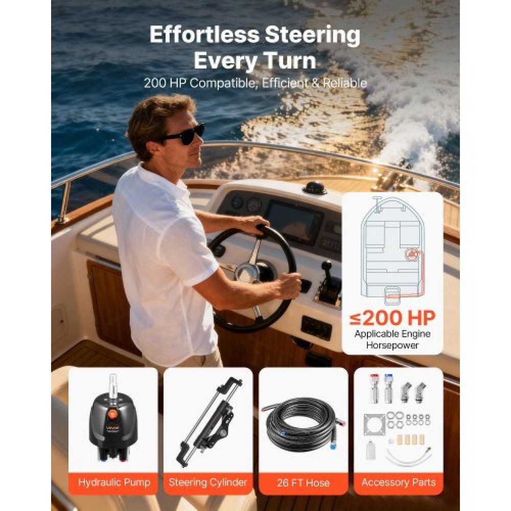 VEVOR Hydraulic Steering Kit, 150kW (200 HP), Marine Boat Hydraulic Steering System, με αντλία πηδαλίου 6,9 MPa/1000 psi, κύλινδρο κλειδώματος δύο κατευθύνσεων και σωλήνες υψηλής αντοχής 7,92 m, για χρήση σε έναν κινητήρα ενός σταθμού