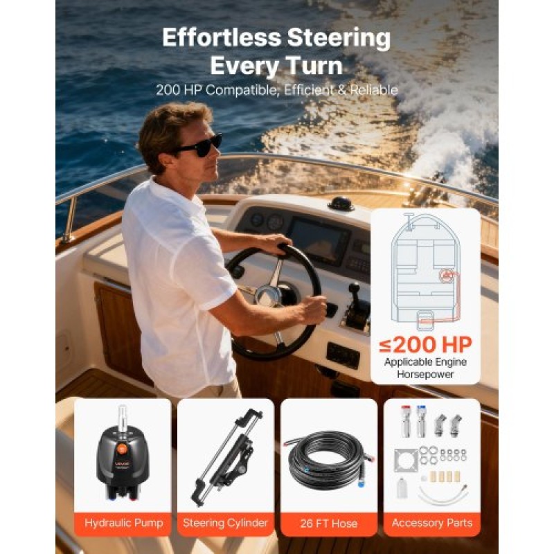 VEVOR Hydraulic Steering Kit, 150kW (200 HP), Marine Boat Hydraulic Steering System, με αντλία πηδαλίου 6,9 MPa/1000 psi, κύλινδρο κλειδώματος δύο κατευθύνσεων και σωλήνες υψηλής αντοχής 7,92 m, για χρήση σε έναν κινητήρα ενός σταθμού