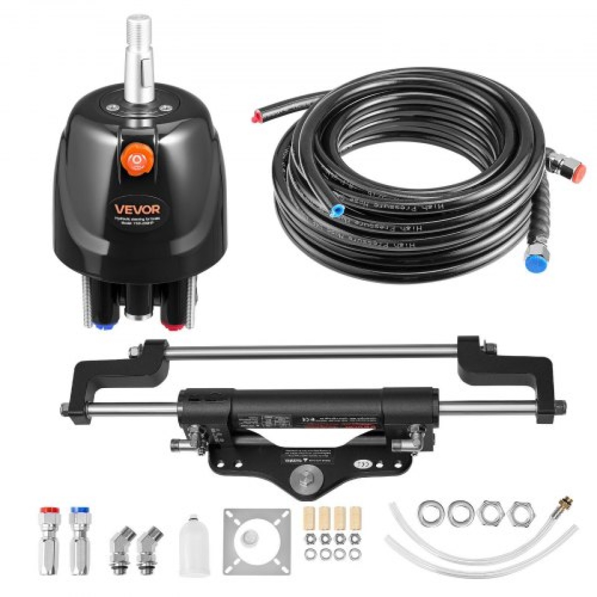 VEVOR Hydraulic Steering Kit, 150kW (200 HP), Marine Boat Hydraulic Steering System, με αντλία πηδαλίου 6,9 MPa/1000 psi, κύλινδρο κλειδώματος δύο κατευθύνσεων και σωλήνες υψηλής αντοχής 7,92 m, για χρήση σε έναν κινητήρα ενός σταθμού
