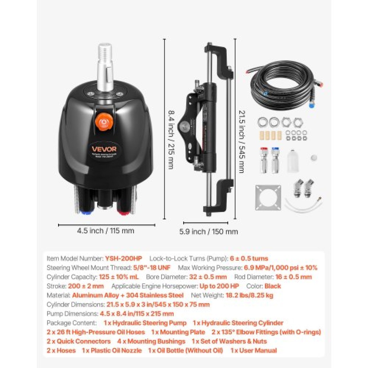 VEVOR Hydraulic Steering Kit, 150kW (200 HP), Marine Boat Hydraulic Steering System, με αντλία πηδαλίου 6,9 MPa/1000 psi, κύλινδρο κλειδώματος δύο κατευθύνσεων και σωλήνες υψηλής αντοχής 7,92 m, για χρήση σε έναν κινητήρα ενός σταθμού