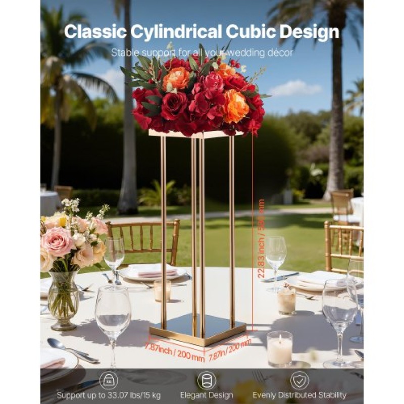 VEVOR Wedding Flower Stand, 10PCS 23,62 ιντσών Στάντ λουλουδιών, Floral Stand με Μεταλλικό Laminate, Κυλινδρικό Κυβικό Floral Βάση οθόνης για γάμο, πάρτι, γενέθλια, σπίτι, γαλλικά χρυσά stand