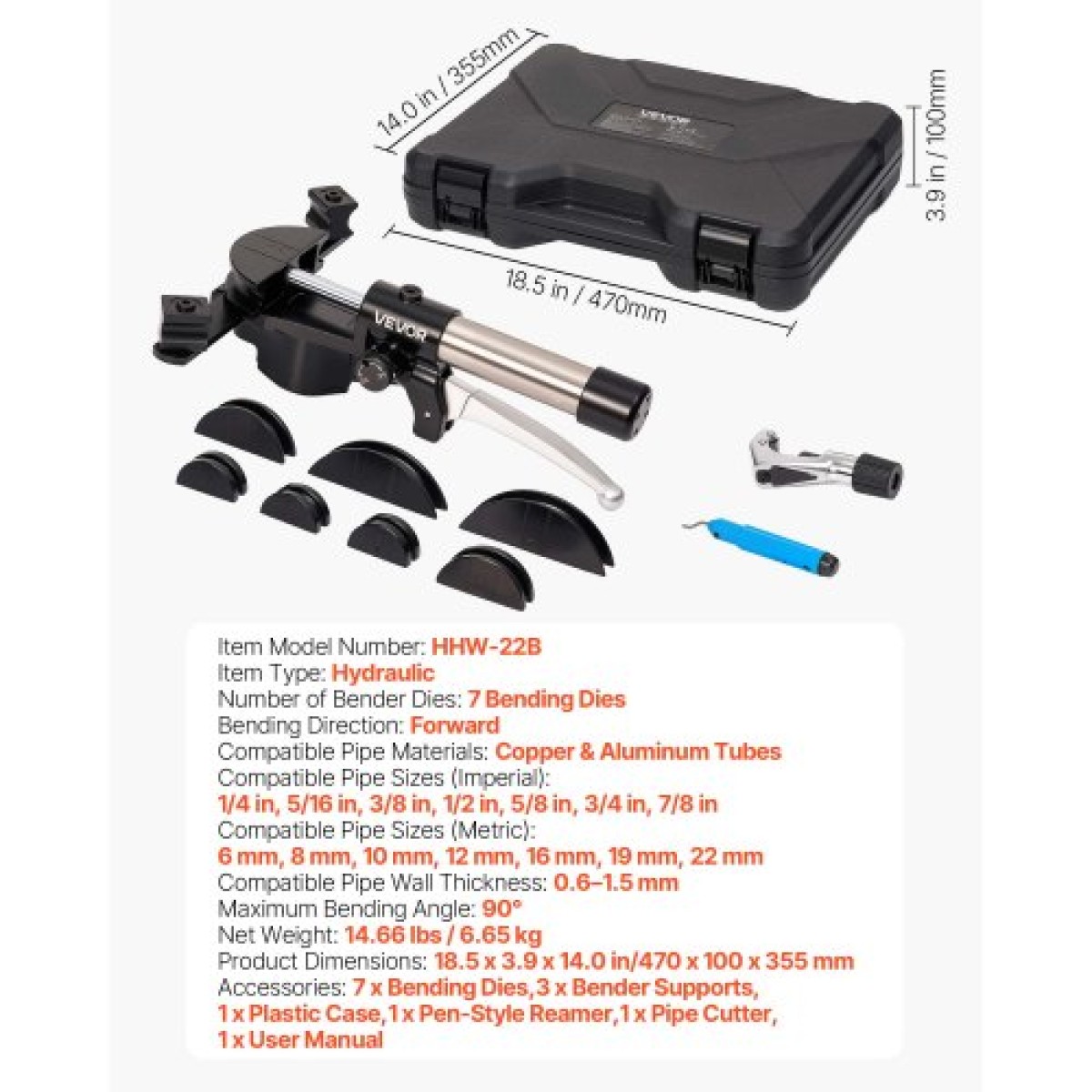 VEVOR Hydraulic Tubing Bender Kit, 6 mm έως 22 mm, Χάλκινος σωλήνας Bender, Σετ εργαλείων κάμψης HVAC, 90° Bend, με 7 μήτρες από κράμα αλουμινίου, για κλιματιστικά HVAC Refrigeration Automotive Auto Repair